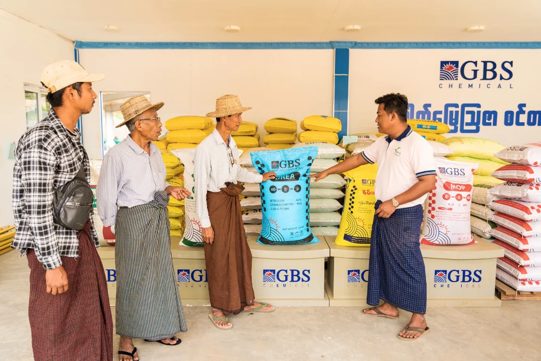 Farmers browsing agricultural inputs at GBS supply shop