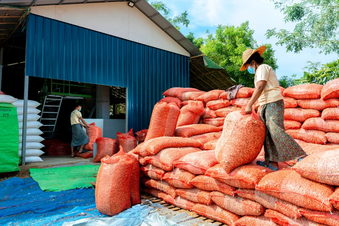Warehouse with stacked commodity sacks